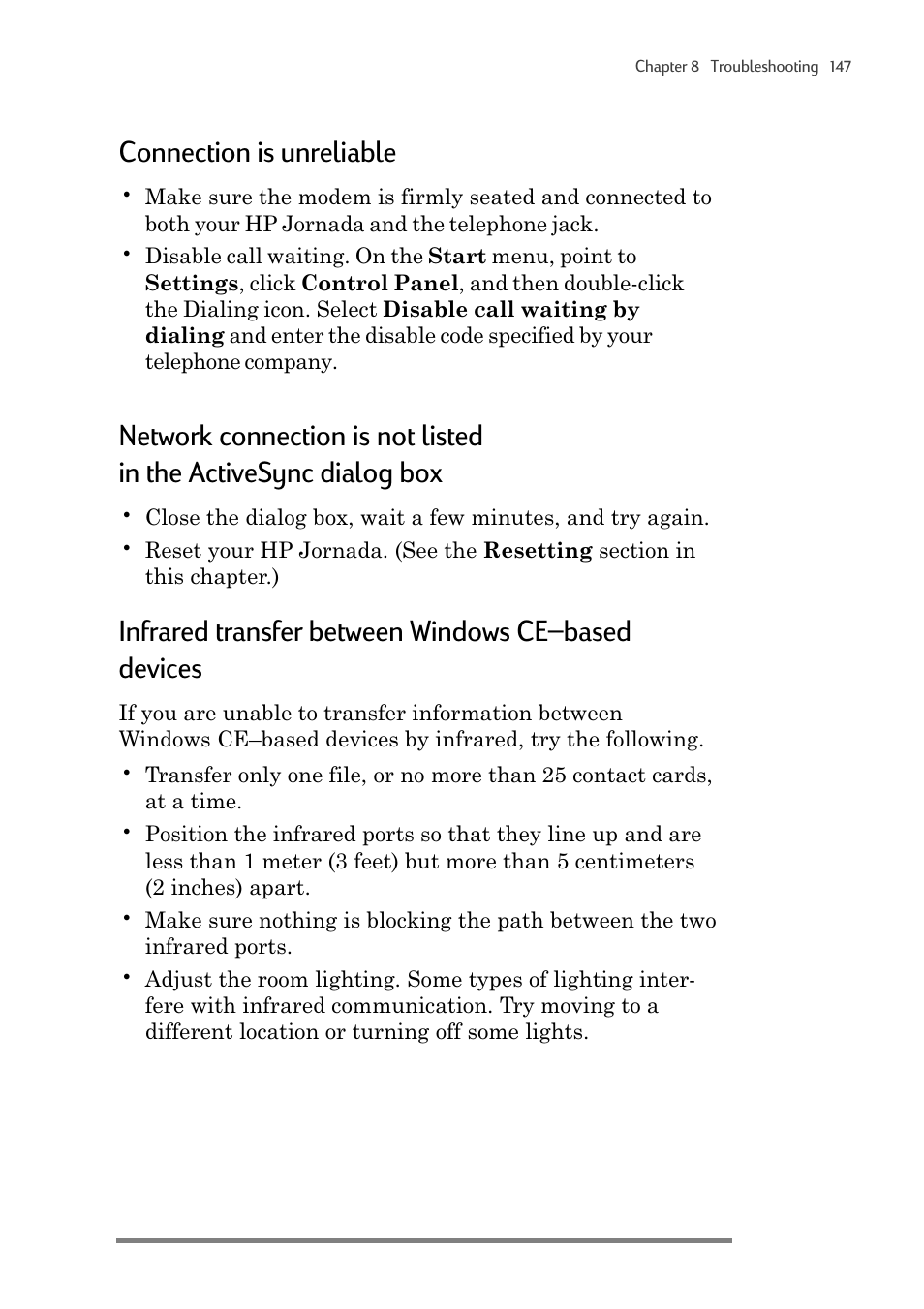 Connection is unreliable, Infrared transfer between windows ce–based devices | HP 820 User Manual | Page 151 / 186