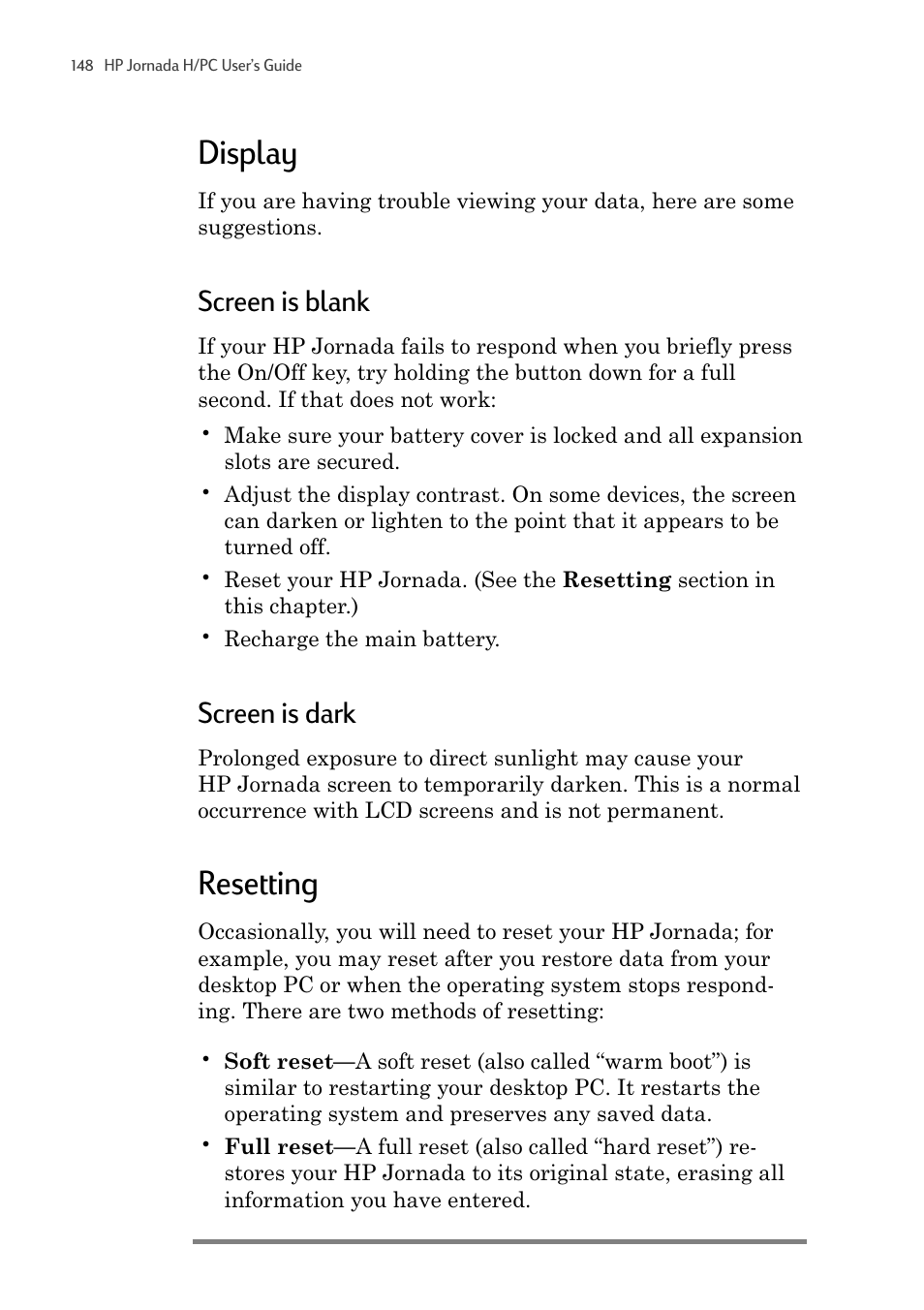 Display, Resetting, Screen is blank | Screen is dark | HP 820 User Manual | Page 152 / 186