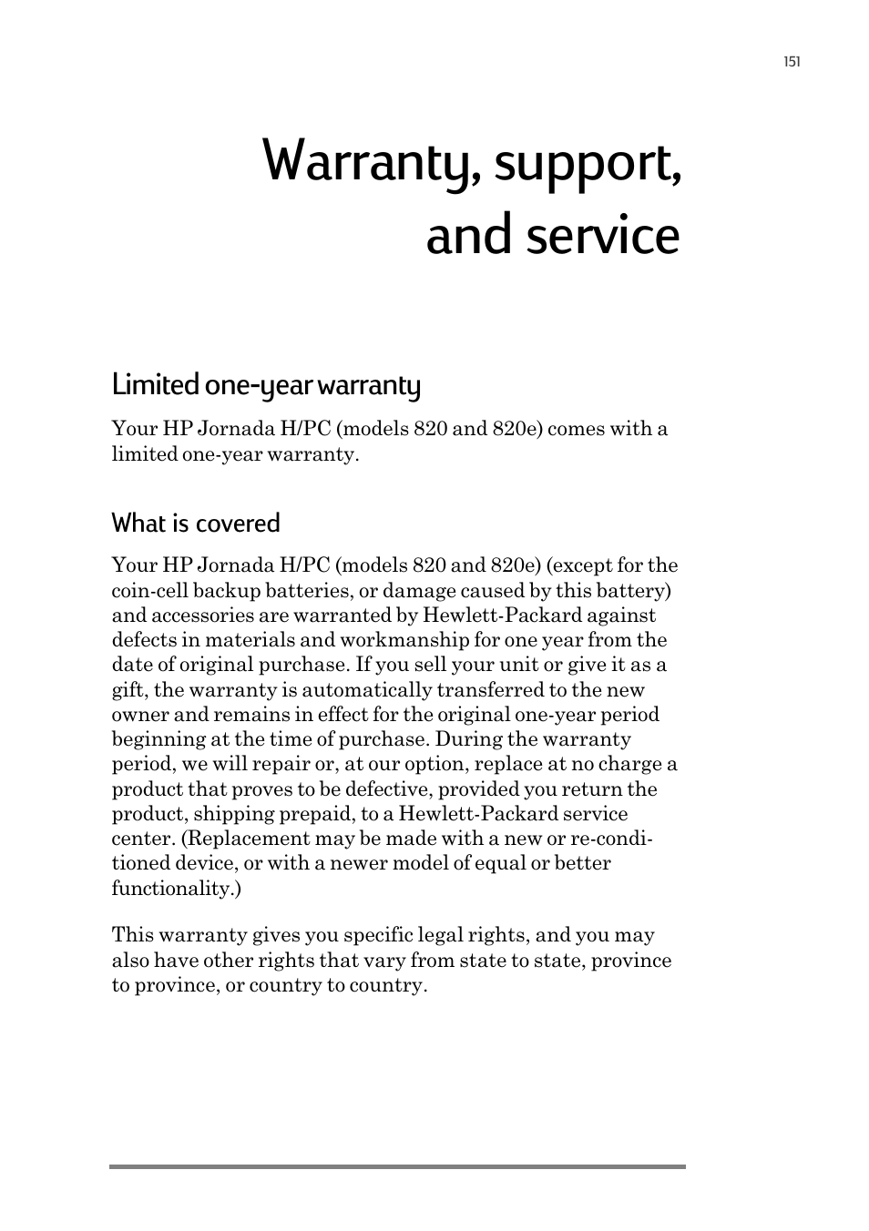 Warranty, support, and service, Limited one-year warranty | HP 820 User Manual | Page 155 / 186