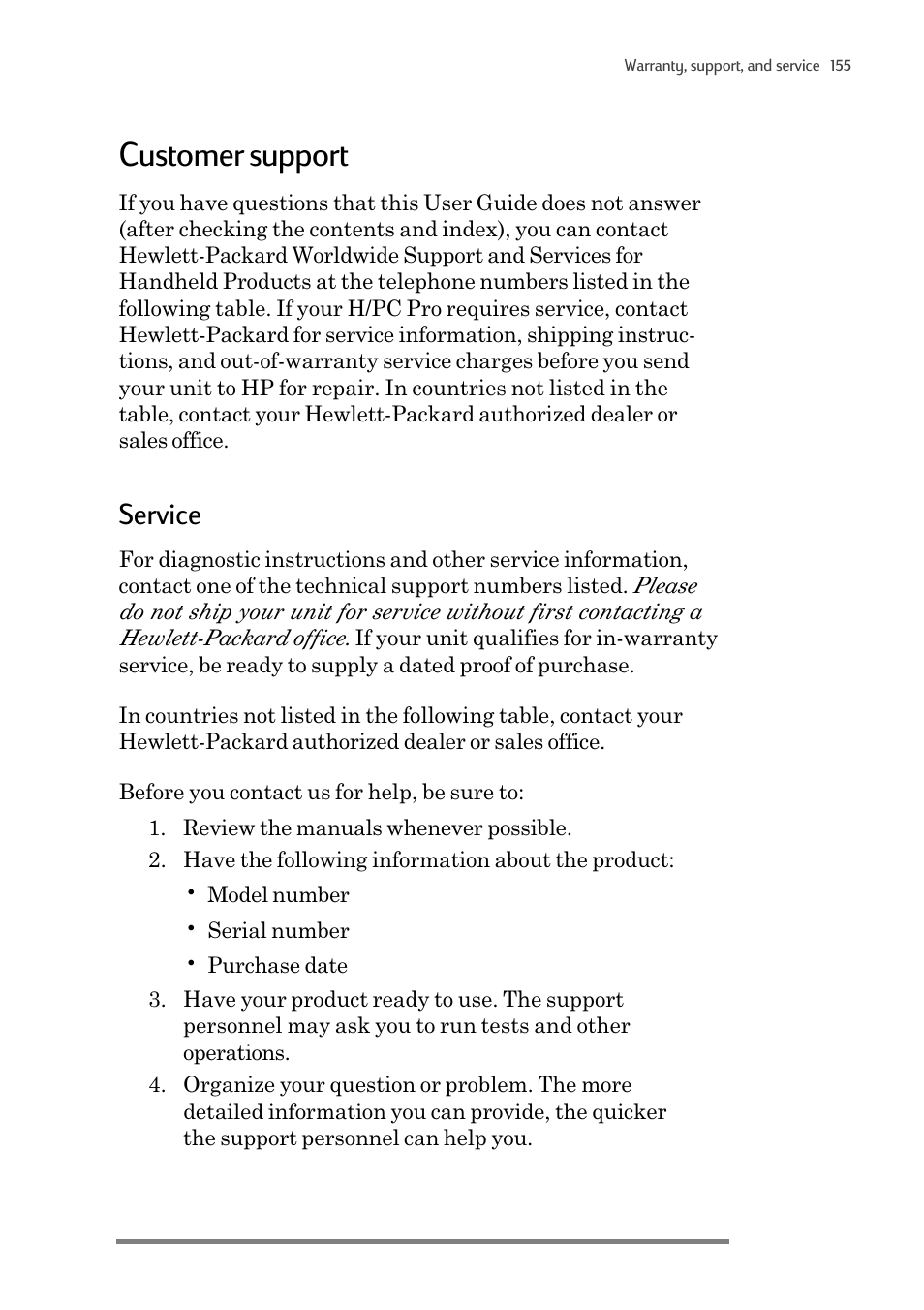 Customer support, Service | HP 820 User Manual | Page 159 / 186