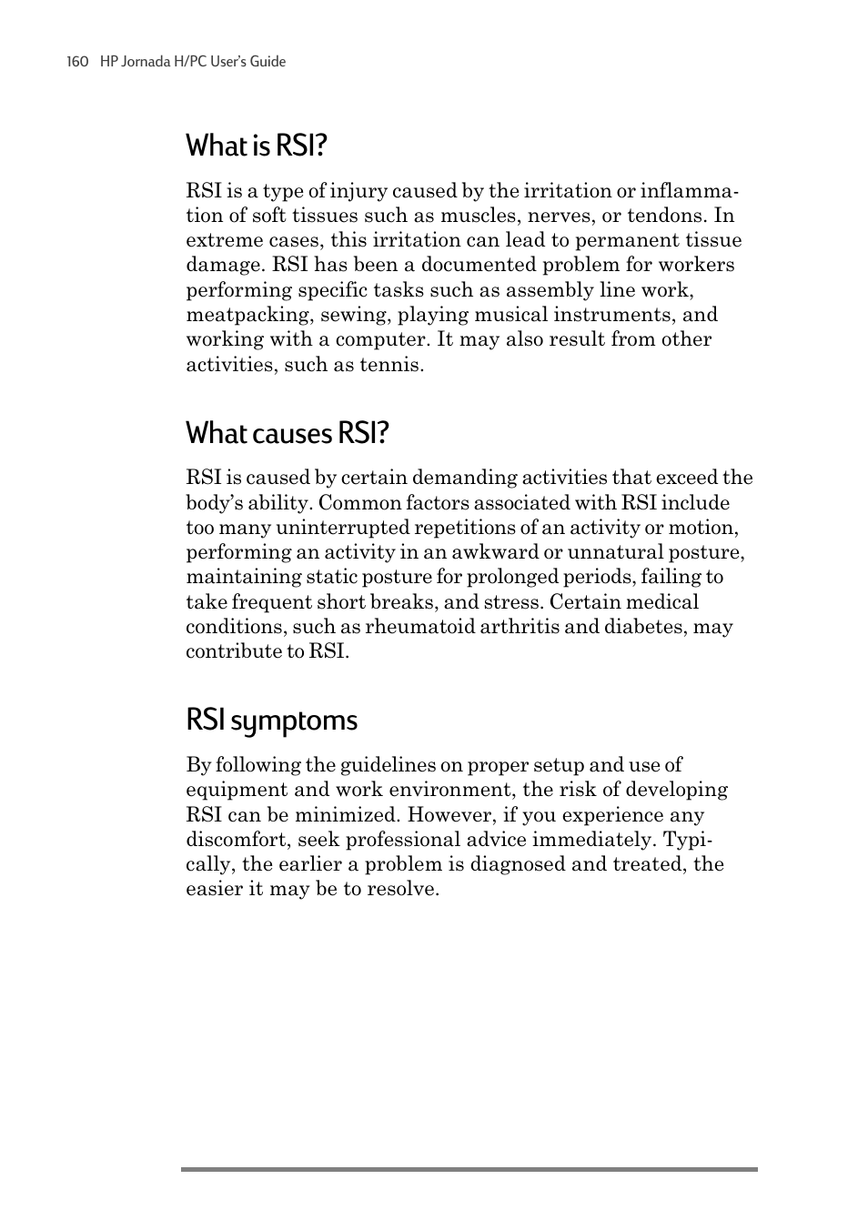 What is rsi, What causes rsi, Rsi symptoms | HP 820 User Manual | Page 164 / 186