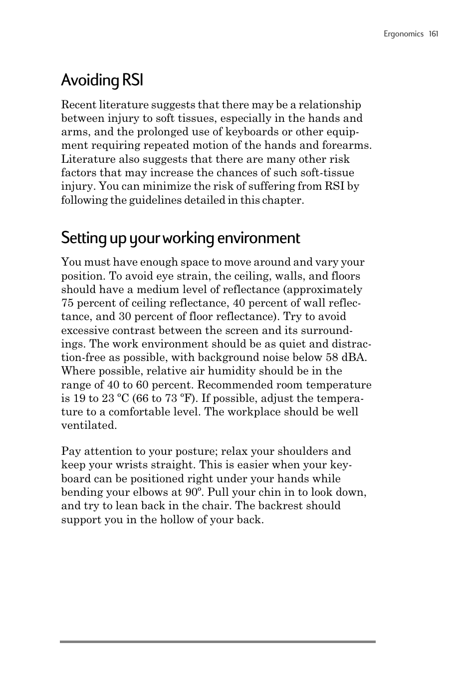 Avoiding rsi, Setting up your working environment | HP 820 User Manual | Page 165 / 186