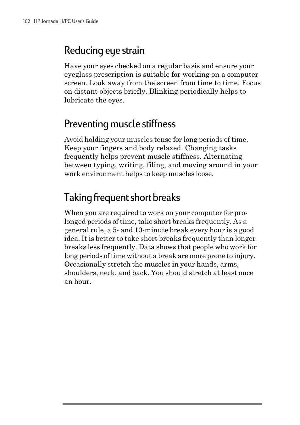 Reducing eye strain, Preventing muscle stiffness, Taking frequent short breaks | HP 820 User Manual | Page 166 / 186