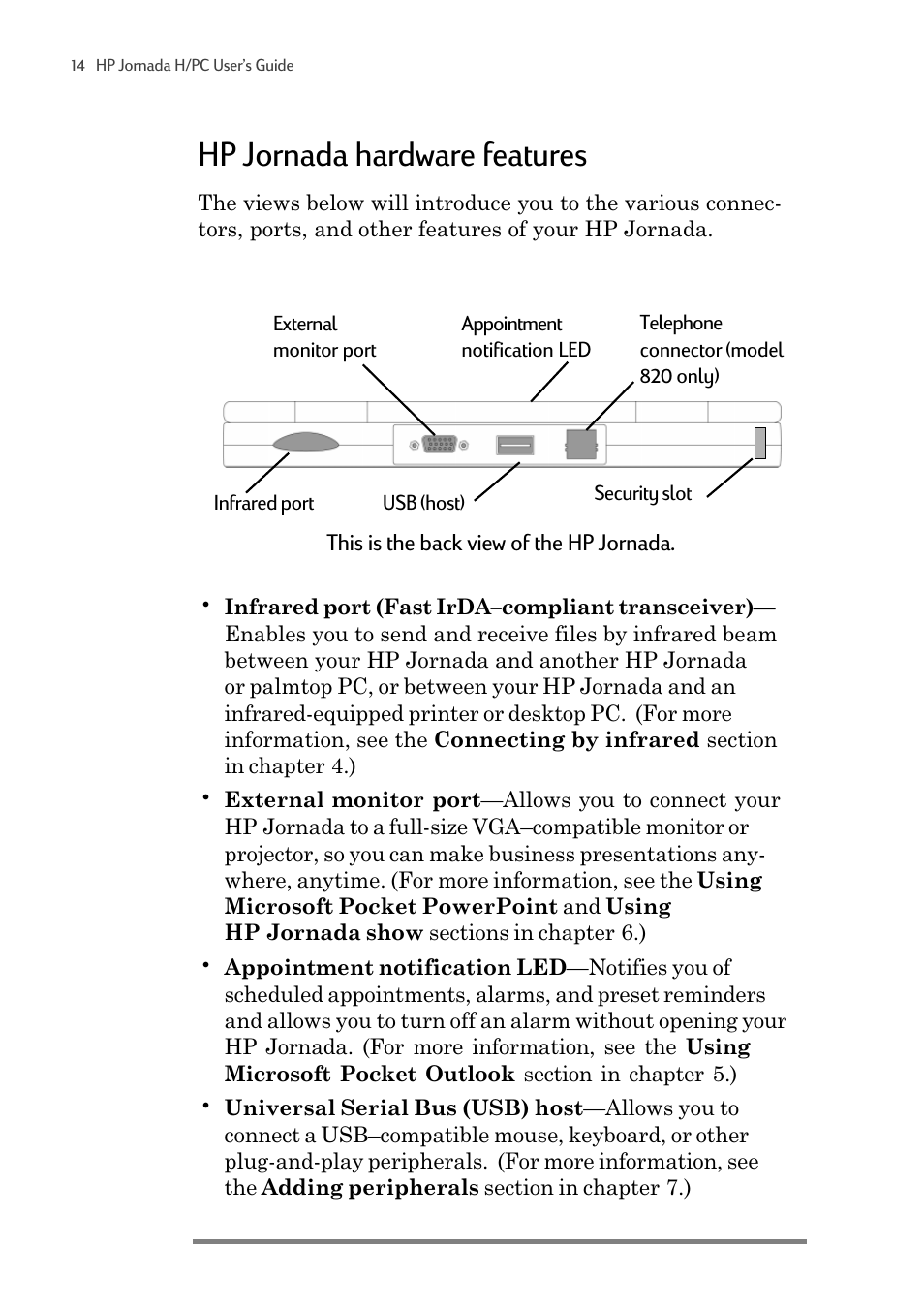 Hp jornada hardware features | HP 820 User Manual | Page 18 / 186