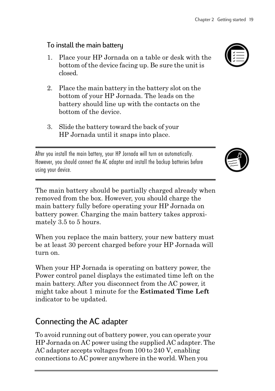 Connecting the ac adapter | HP 820 User Manual | Page 23 / 186