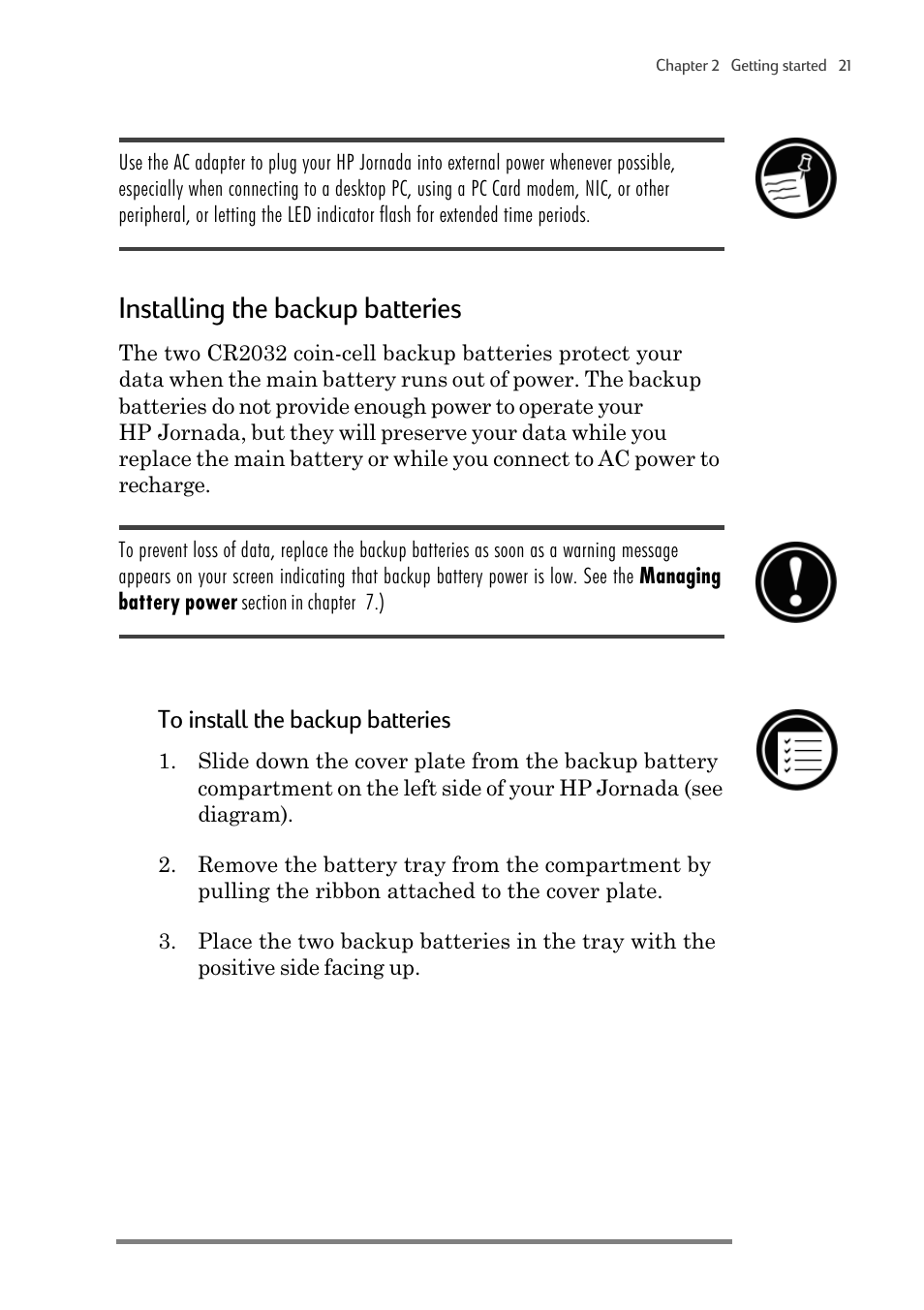Installing the backup batteries | HP 820 User Manual | Page 25 / 186