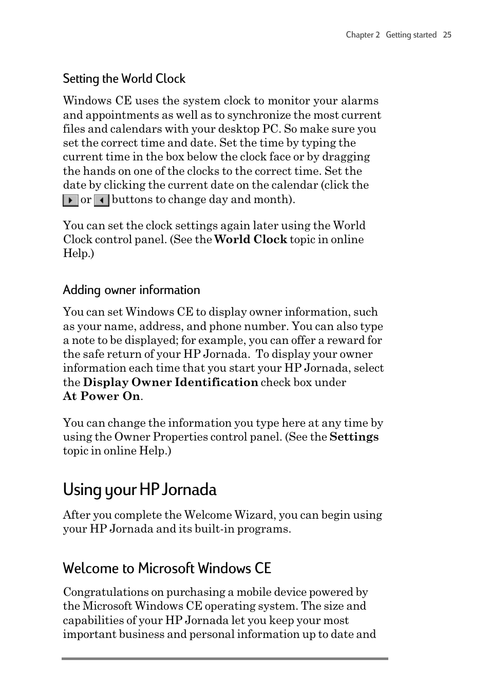 Using your hp jornada, Welcome to microsoft windows ce, Setting the world clock | Adding owner information | HP 820 User Manual | Page 29 / 186