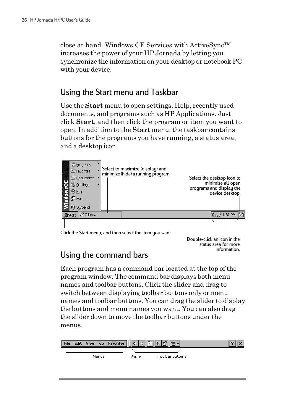 Using the start menu and taskbar, Using the command bars | HP 820 User Manual | Page 30 / 186