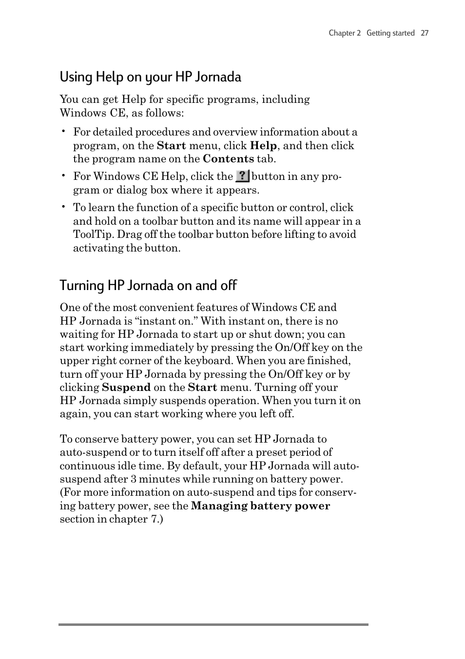Using help on your hp jornada, Turning hp jornada on and off | HP 820 User Manual | Page 31 / 186