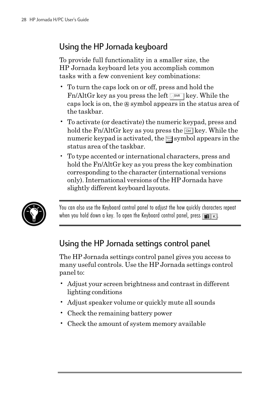 Using the hp jornada keyboard, Using the hp jornada settings control panel | HP 820 User Manual | Page 32 / 186