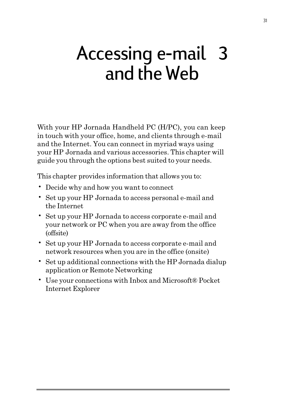 Accessing e-mail | 3, And the web | HP 820 User Manual | Page 35 / 186