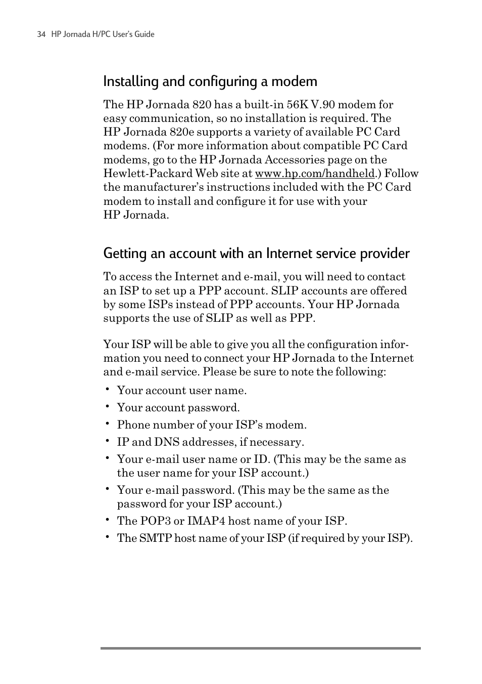 Installing and configuring a modem | HP 820 User Manual | Page 38 / 186