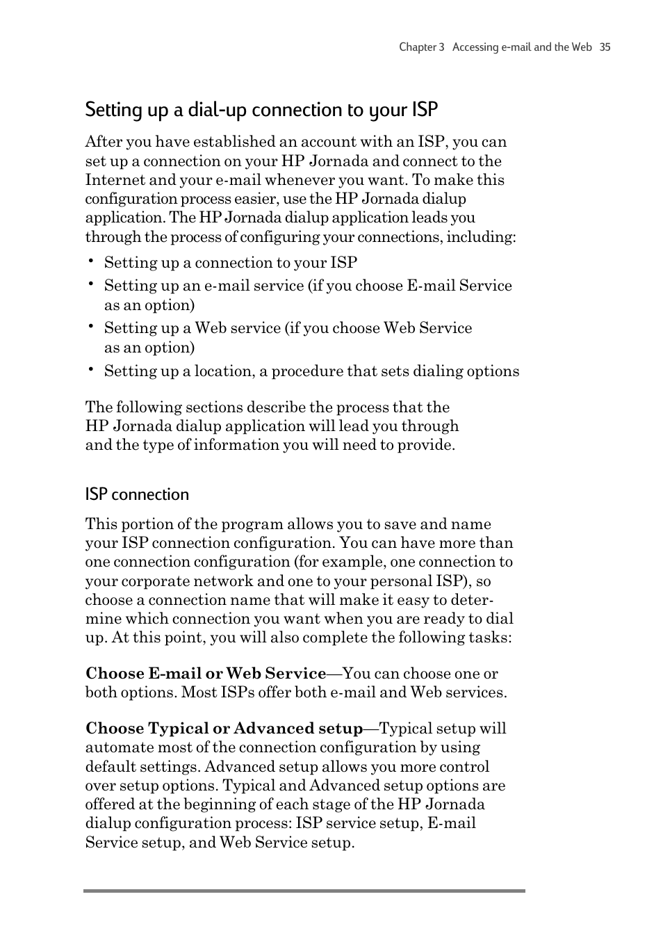 Setting up a dial-up connection to your isp, Isp connection | HP 820 User Manual | Page 39 / 186
