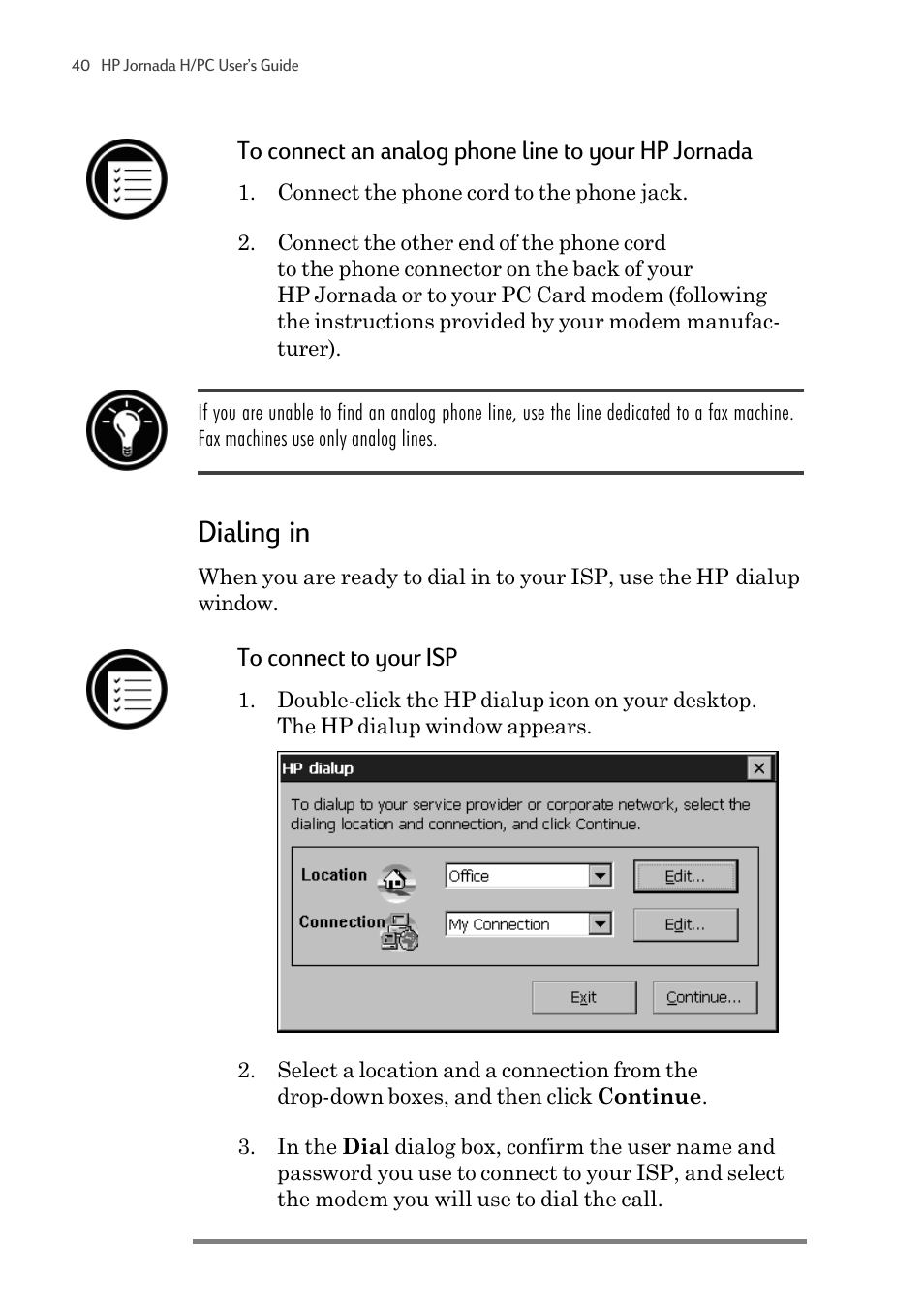 Dialing in | HP 820 User Manual | Page 44 / 186