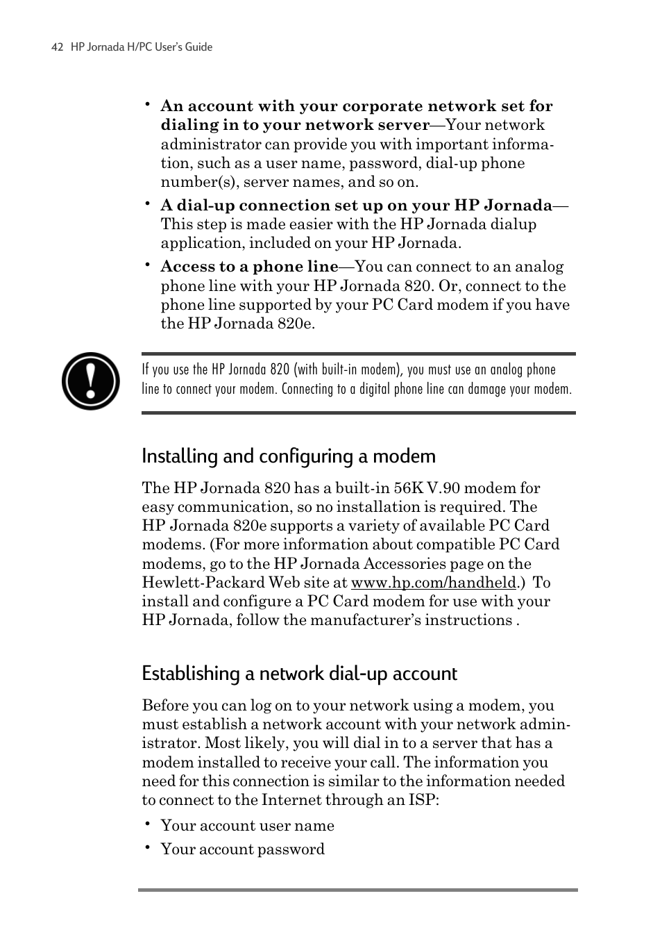 Installing and configuring a modem, Establishing a network dial-up account | HP 820 User Manual | Page 46 / 186