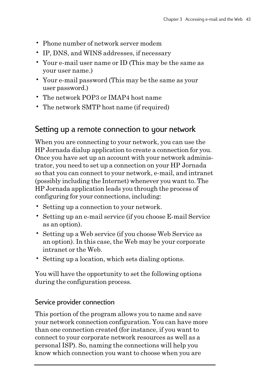 Setting up a remote connection to your network, Service provider connection | HP 820 User Manual | Page 47 / 186