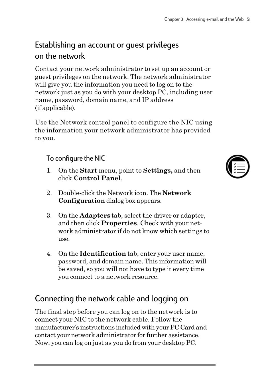 Connecting the network cable and logging on | HP 820 User Manual | Page 55 / 186