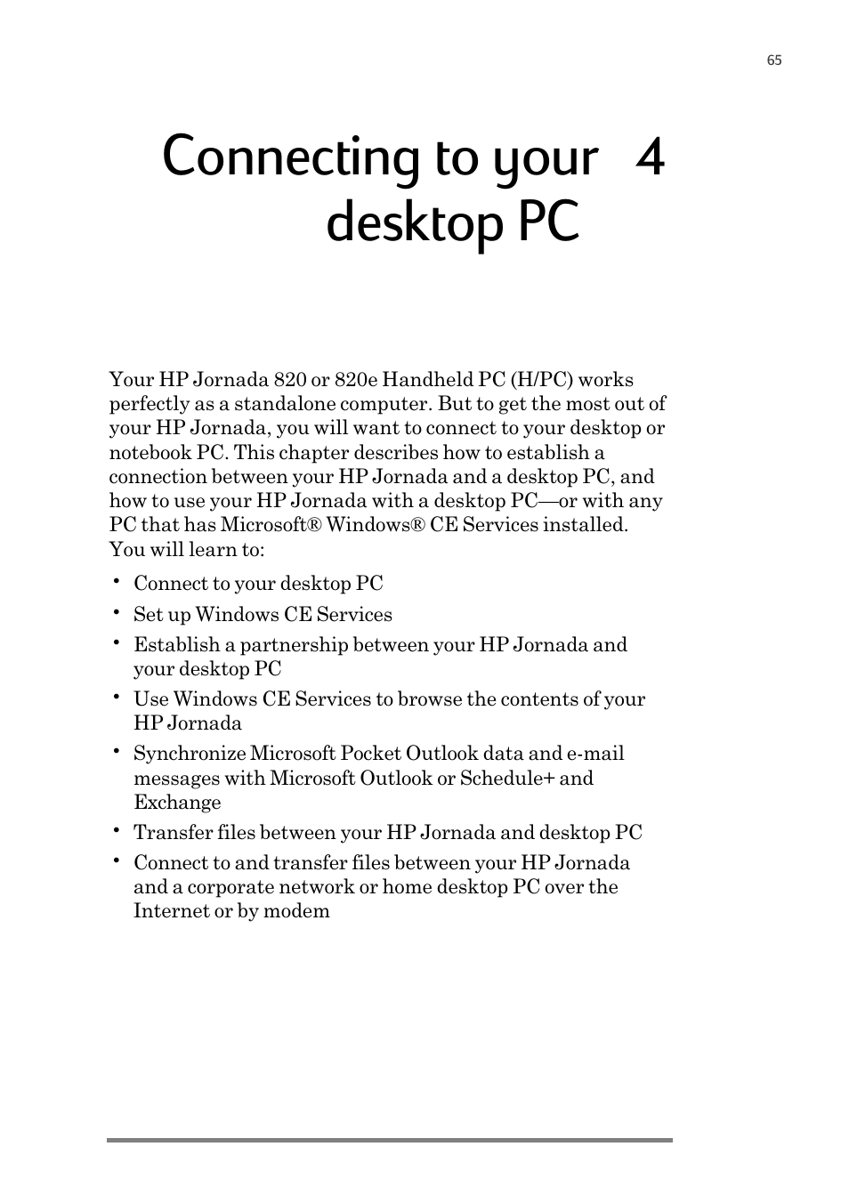 Connecting to your | 4, Desktop pc | HP 820 User Manual | Page 69 / 186