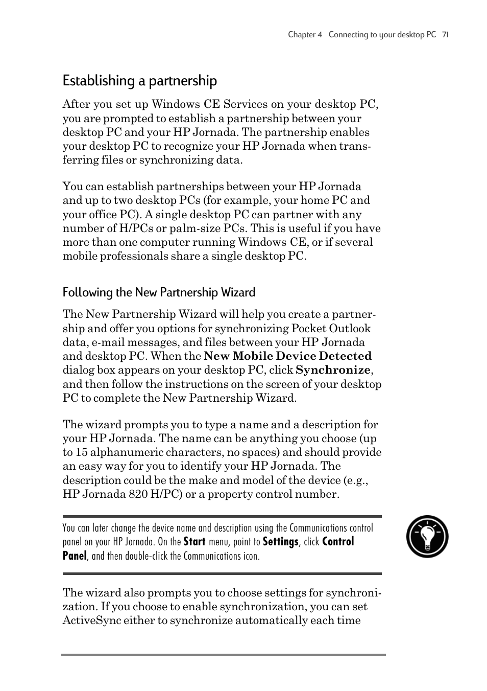 Establishing a partnership, Following the new partnership wizard | HP 820 User Manual | Page 75 / 186