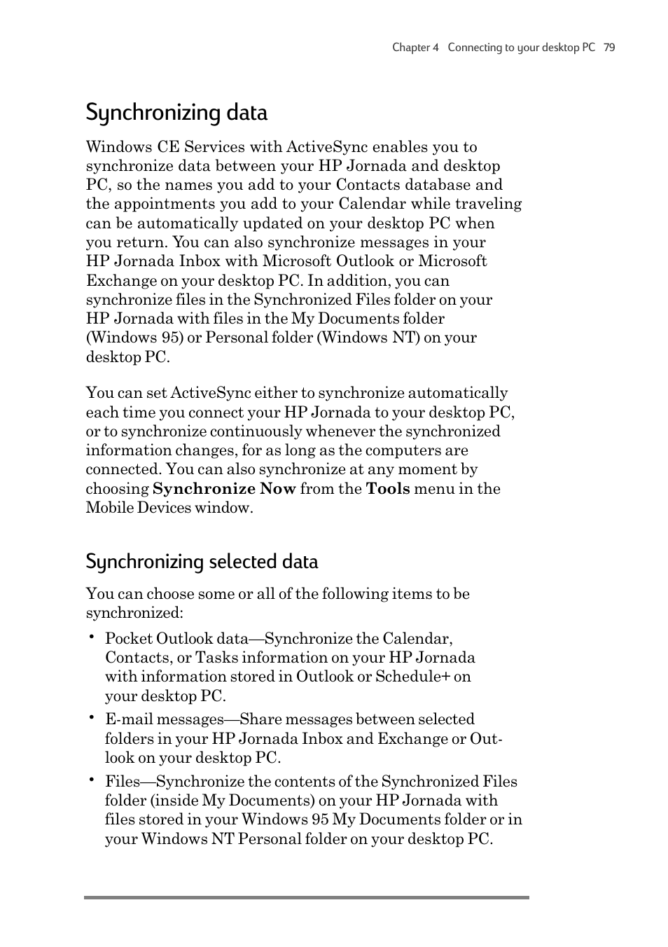 Synchronizing data, Synchronizing selected data | HP 820 User Manual | Page 83 / 186