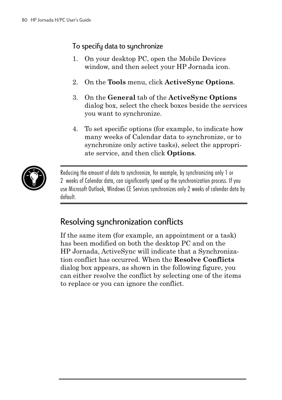 Resolving synchronization conflicts | HP 820 User Manual | Page 84 / 186