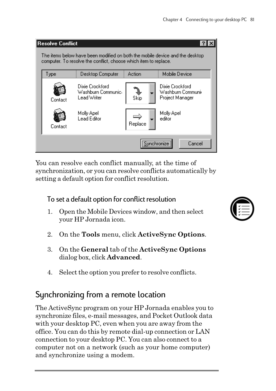 Synchronizing from a remote location | HP 820 User Manual | Page 85 / 186