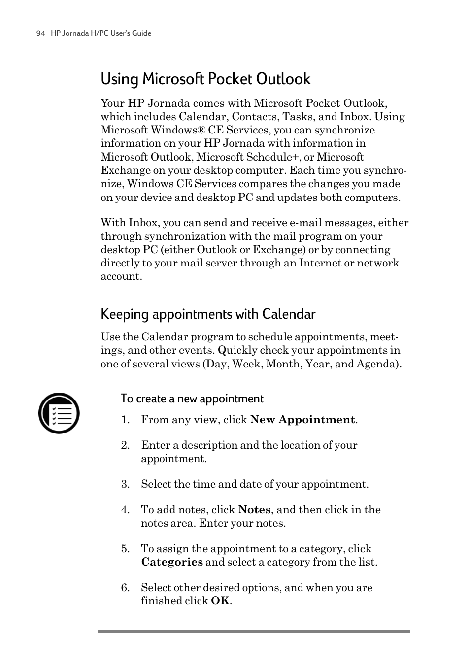 Using microsoft pocket outlook, Keeping appointments with calendar | HP 820 User Manual | Page 98 / 186