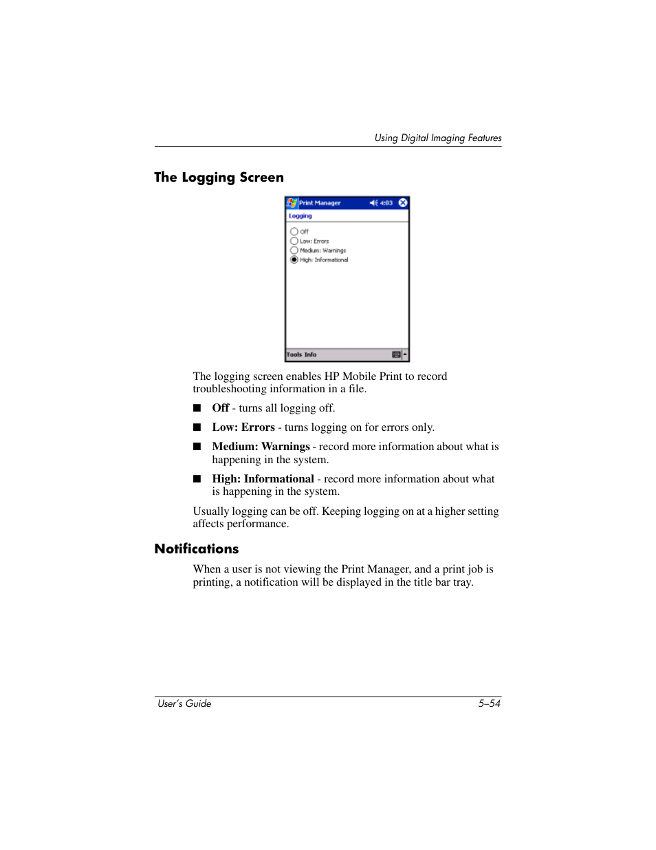 The logging screen, Notifications | HP rx3000 Series User Manual | Page 110 / 301