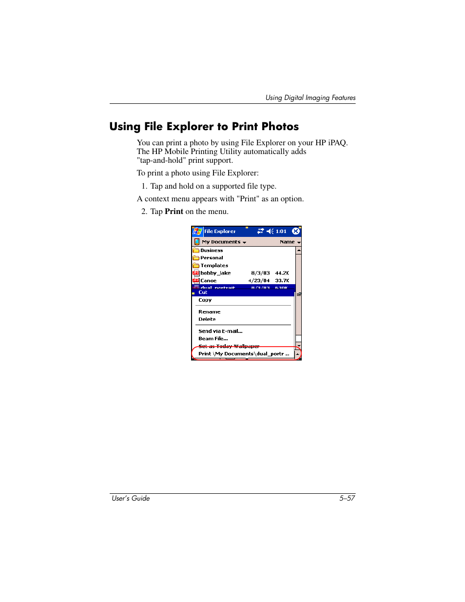 Using file explorer to print photos, Using file explorer to print photos –57 | HP rx3000 Series User Manual | Page 113 / 301