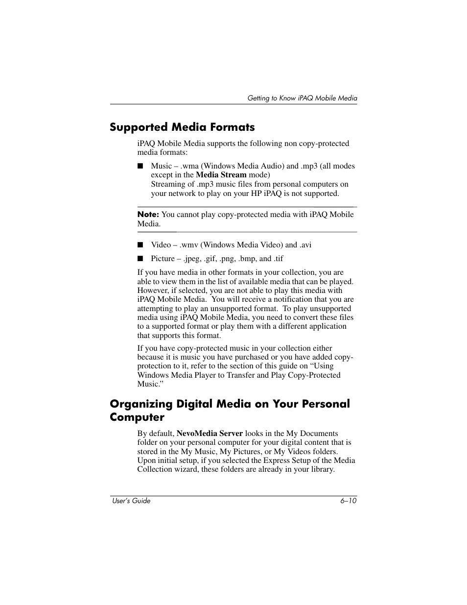 Supported media formats, Organizing digital media on your personal computer | HP rx3000 Series User Manual | Page 130 / 301