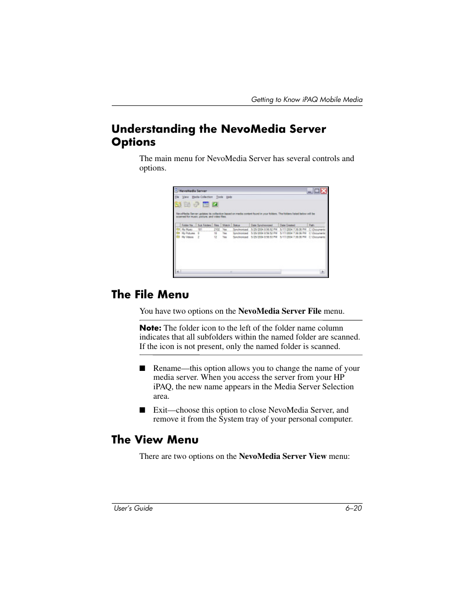 Understanding the nevomedia server options, The file menu, The view menu | HP rx3000 Series User Manual | Page 140 / 301
