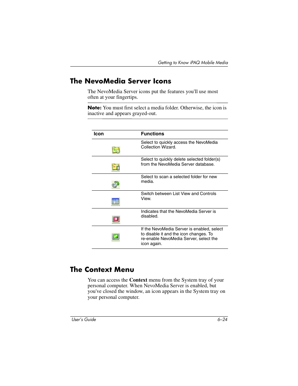 The nevomedia server icons, The context menu | HP rx3000 Series User Manual | Page 144 / 301