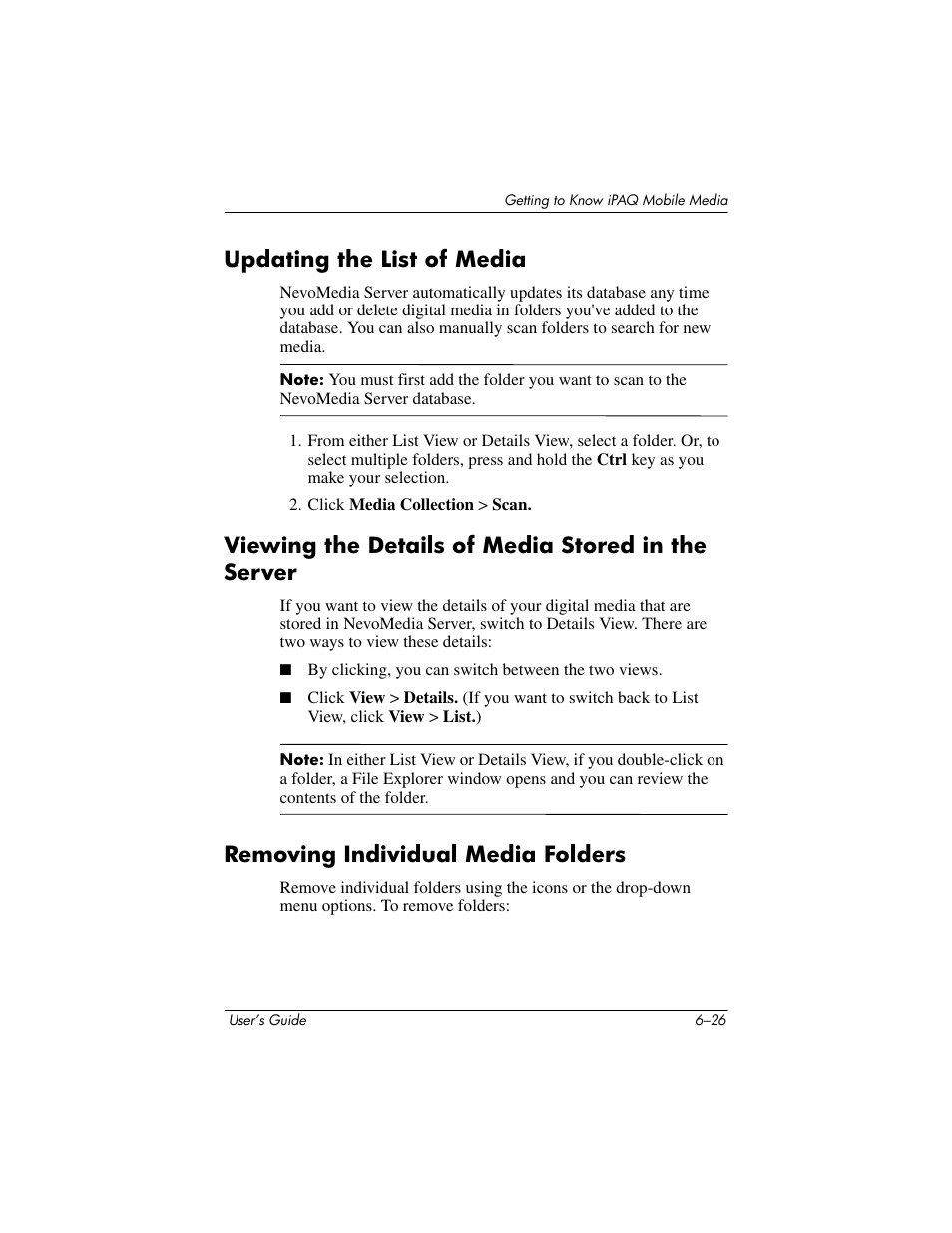 Updating the list of media, Viewing the details of media stored in the server, Removing individual media folders | HP rx3000 Series User Manual | Page 146 / 301