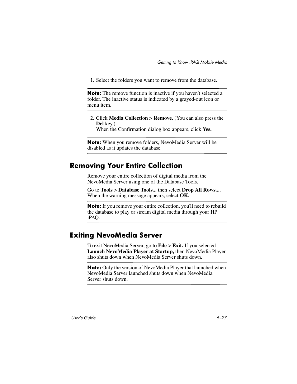 Removing your entire collection, Exiting nevomedia server | HP rx3000 Series User Manual | Page 147 / 301