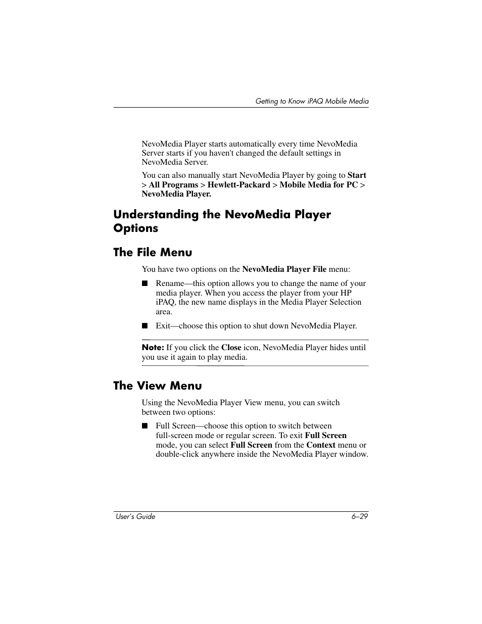 Understanding the nevomedia player options, The file menu, The view menu | HP rx3000 Series User Manual | Page 149 / 301