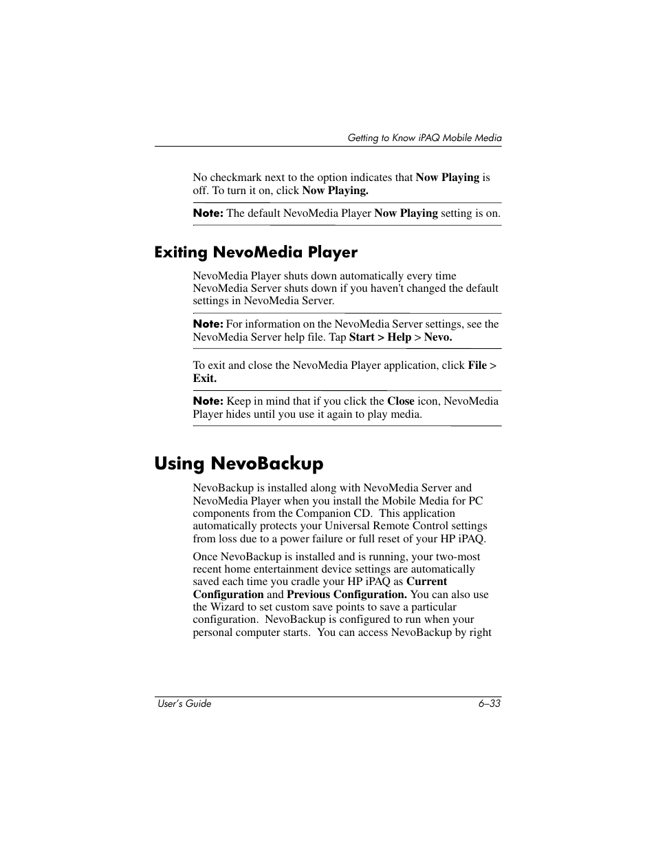 Exiting nevomedia player, Using nevobackup, Exiting nevomedia player –33 | Using nevobackup –33 | HP rx3000 Series User Manual | Page 153 / 301