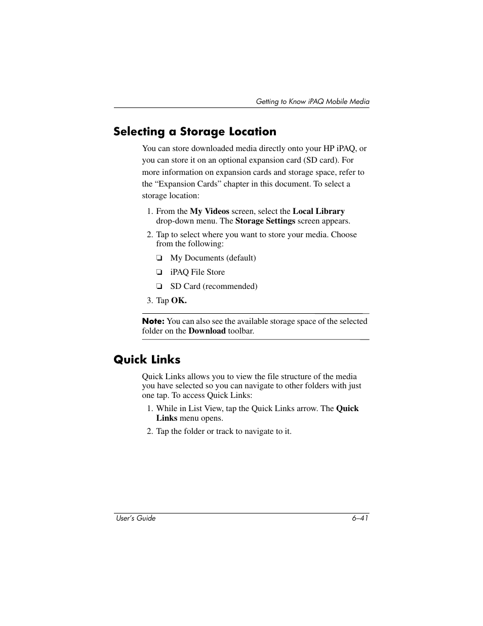 Selecting a storage location, Quick links, Selecting a storage location –41 quick links –41 | HP rx3000 Series User Manual | Page 161 / 301