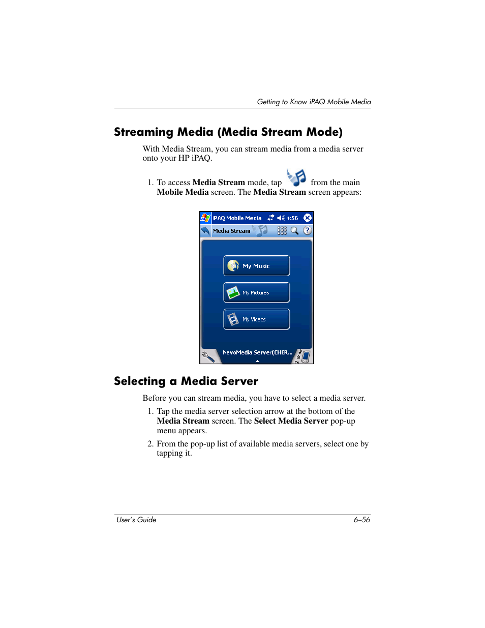Streaming media (media stream mode), Selecting a media server | HP rx3000 Series User Manual | Page 176 / 301