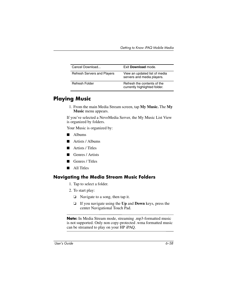 Playing music, Navigating the media stream music folders, Playing music –58 | HP rx3000 Series User Manual | Page 178 / 301