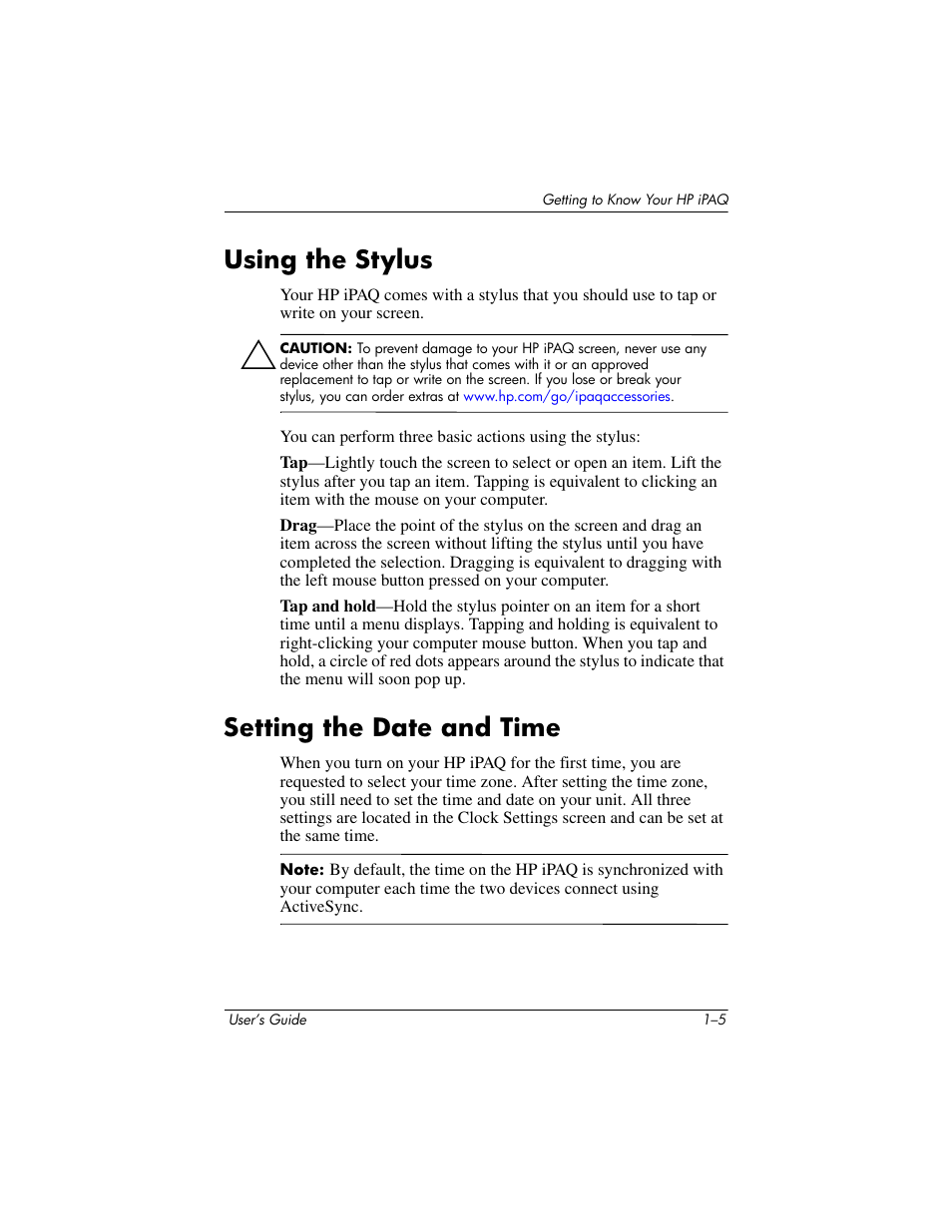 Using the stylus, Setting the date and time, Using the stylus –5 setting the date and time –5 | HP rx3000 Series User Manual | Page 18 / 301