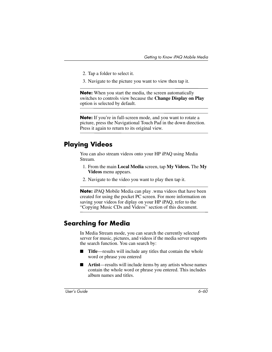 Playing videos, Searching for media, Playing videos –60 searching for media –60 | HP rx3000 Series User Manual | Page 180 / 301
