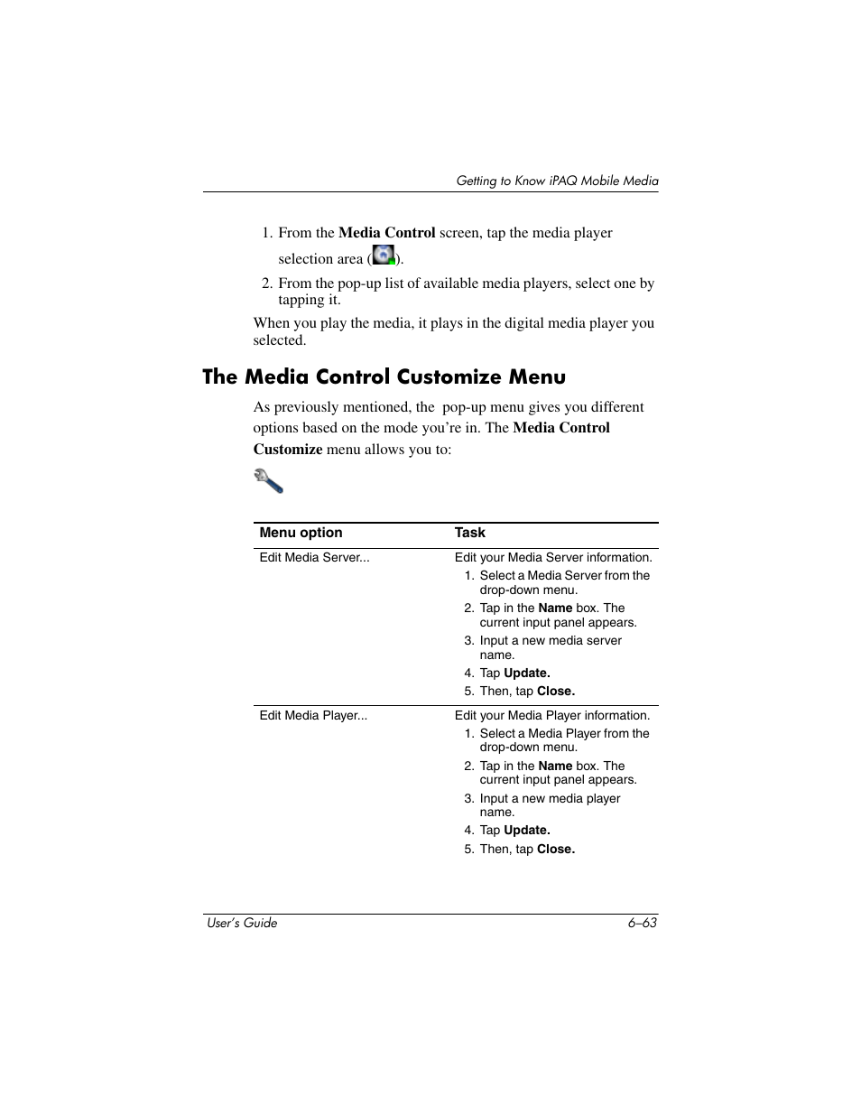 The media control customize menu, The media control customize menu –63 | HP rx3000 Series User Manual | Page 183 / 301
