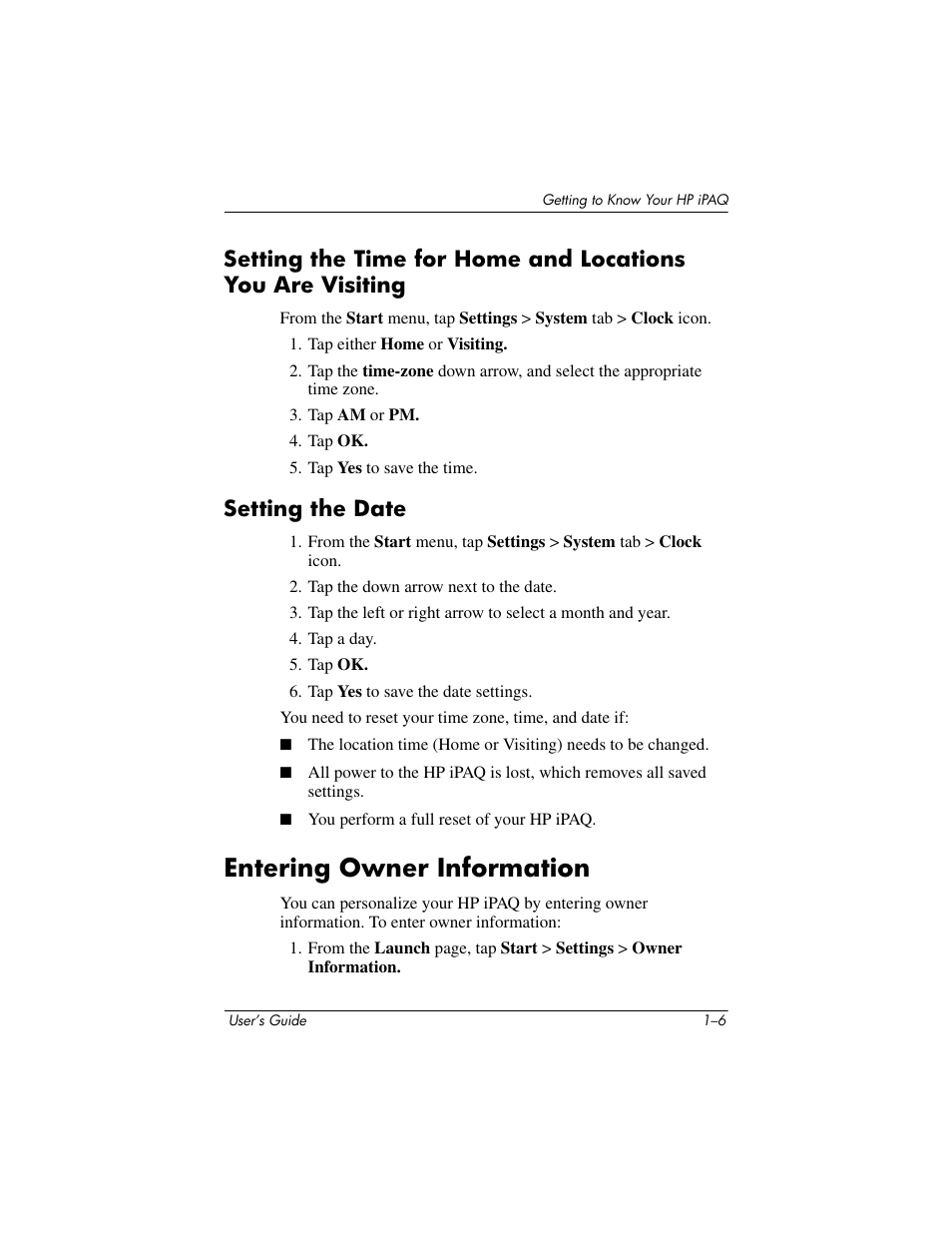 Setting the date, Entering owner information, Entering owner information –6 | HP rx3000 Series User Manual | Page 19 / 301