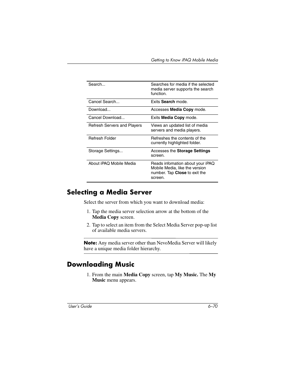 Selecting a media server, Downloading music, Selecting a media server –70 downloading music –70 | HP rx3000 Series User Manual | Page 190 / 301