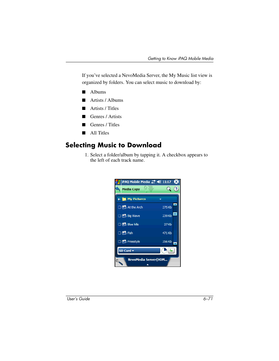 Selecting music to download, Selecting music to download –71 | HP rx3000 Series User Manual | Page 191 / 301