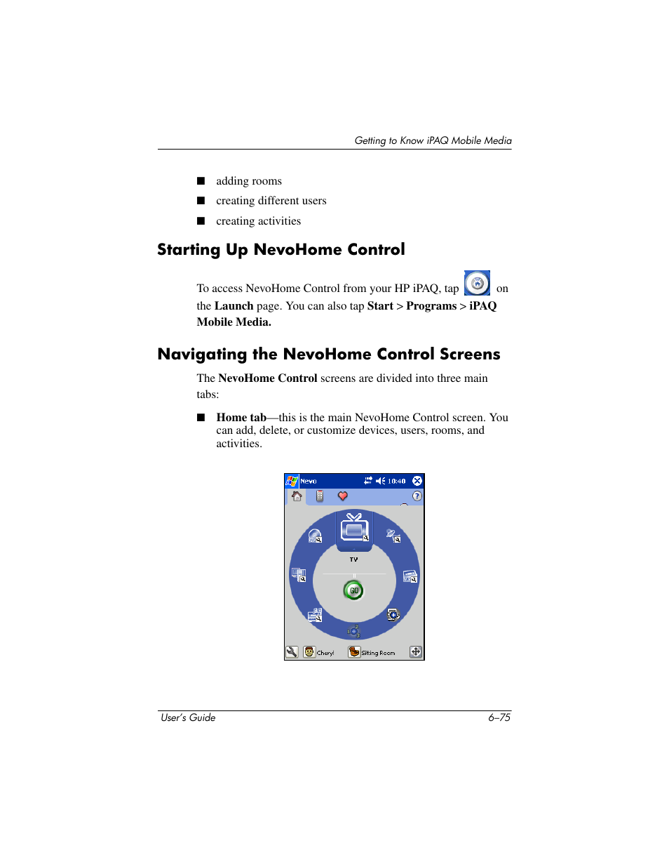 Starting up nevohome control, Navigating the nevohome control screens | HP rx3000 Series User Manual | Page 195 / 301