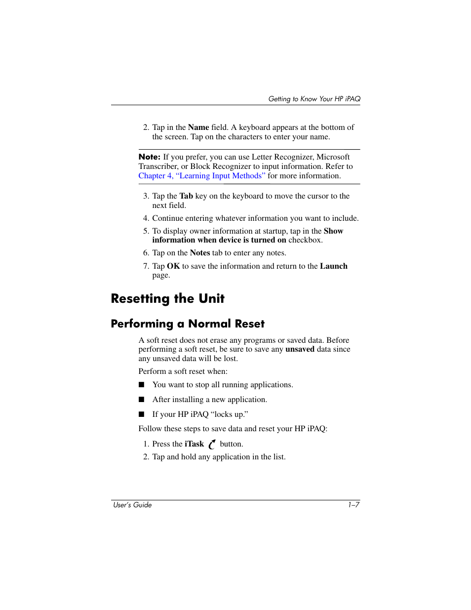 Resetting the unit, Performing a normal reset, Resetting the unit –7 | Performing a normal reset –7 | HP rx3000 Series User Manual | Page 20 / 301