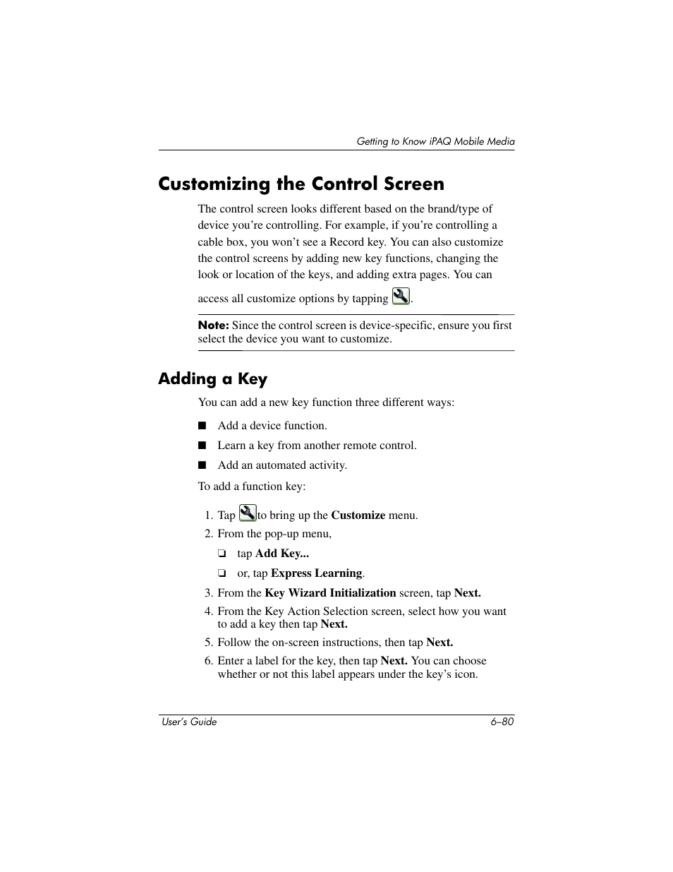 Customizing the control screen, Adding a key, Customizing the control screen –80 | Adding a key –80 | HP rx3000 Series User Manual | Page 200 / 301