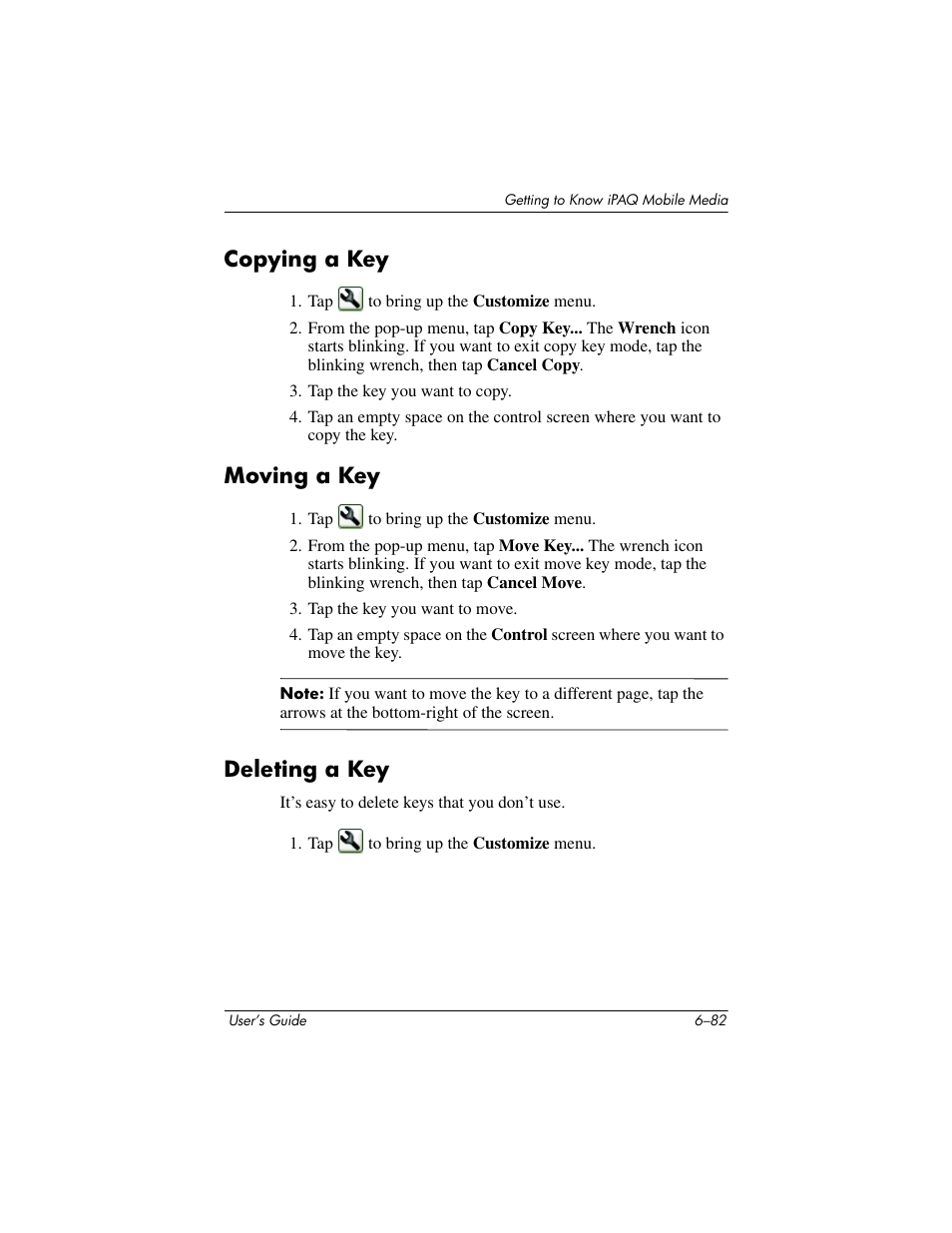 Copying a key, Moving a key, Deleting a key | HP rx3000 Series User Manual | Page 202 / 301