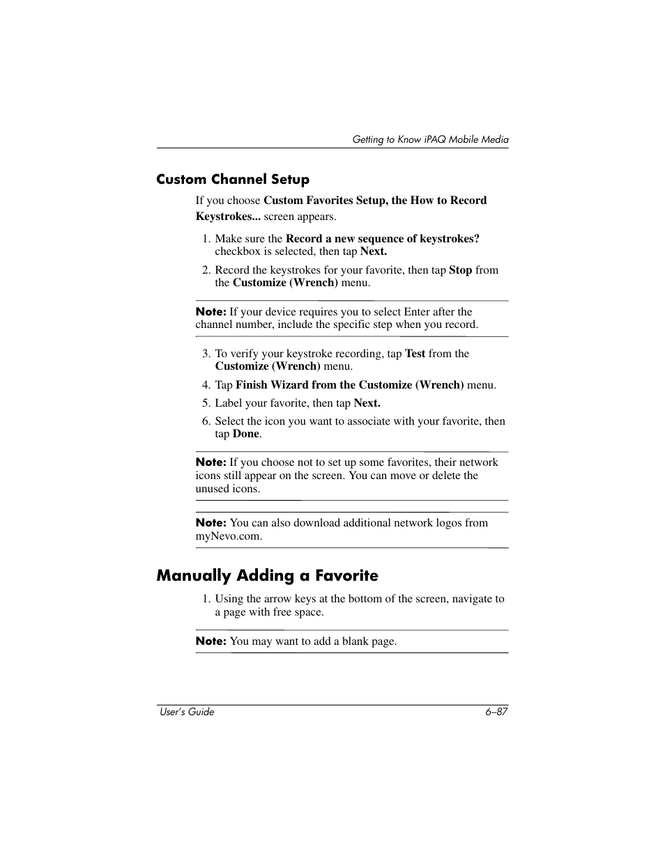 Custom channel setup, Manually adding a favorite, Manually adding a favorite –87 | HP rx3000 Series User Manual | Page 207 / 301